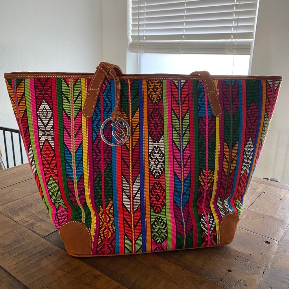 Multicolor Woven Tote Bag with Leather Trim